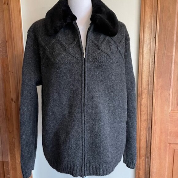 TALBOTS Faux Fur Nordic Lambs Wool Zip Front Removable Collar Cardigan Sweater M - Picture 3 of 17
